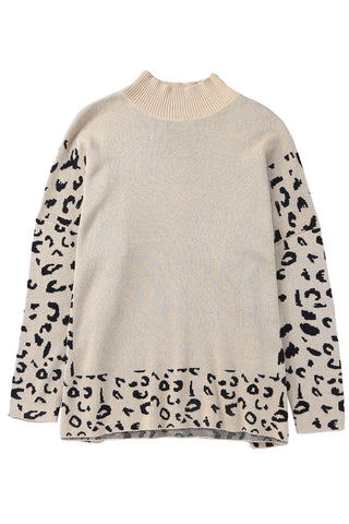Khaki Leopard High Neck Side Slit Oversized Sweater, A Blissfully Beautiful Boutique - A Blissfully Beautiful Boutique