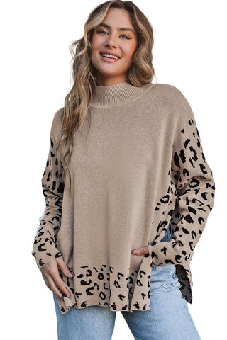 Khaki Leopard High Neck Side Slit Oversized Sweater, A Blissfully Beautiful Boutique - A Blissfully Beautiful Boutique