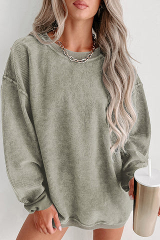 Green Solid Ribbed Knit Round Neck Pullover Sweatshirt, A Blissfully Beautiful Boutique - A Blissfully Beautiful Boutique