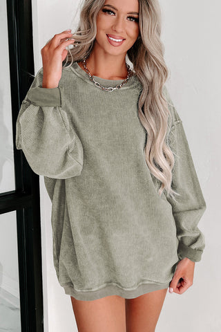 Green Solid Ribbed Knit Round Neck Pullover Sweatshirt, A Blissfully Beautiful Boutique - A Blissfully Beautiful Boutique