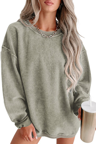 Green Solid Ribbed Knit Round Neck Pullover Sweatshirt, A Blissfully Beautiful Boutique - A Blissfully Beautiful Boutique