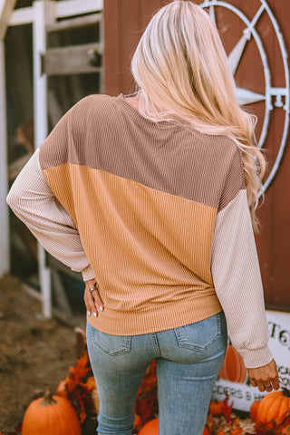 Khaki Color Block Long Sleeve Ribbed Loose Top, A Blissfully Beautiful Boutique - A Blissfully Beautiful Boutique