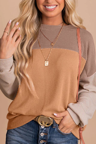 Khaki Color Block Long Sleeve Ribbed Loose Top, A Blissfully Beautiful Boutique - A Blissfully Beautiful Boutique