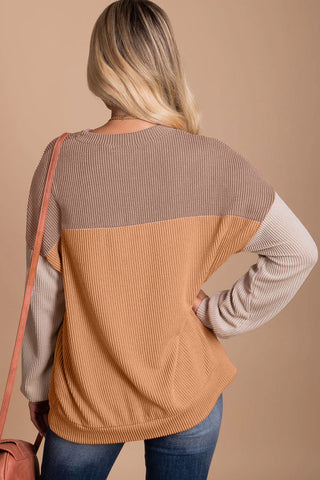 Khaki Color Block Long Sleeve Ribbed Loose Top, A Blissfully Beautiful Boutique - A Blissfully Beautiful Boutique