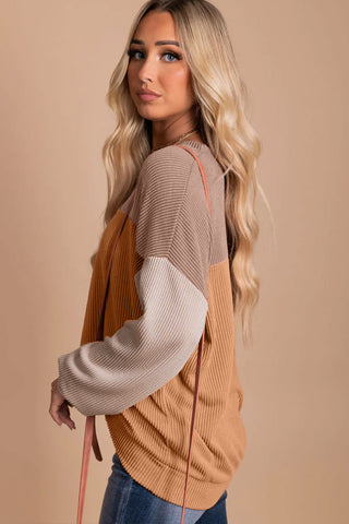 Khaki Color Block Long Sleeve Ribbed Loose Top, A Blissfully Beautiful Boutique - A Blissfully Beautiful Boutique