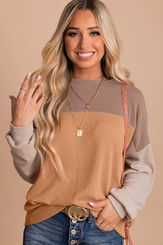 Khaki Color Block Long Sleeve Ribbed Loose Top, A Blissfully Beautiful Boutique - A Blissfully Beautiful Boutique