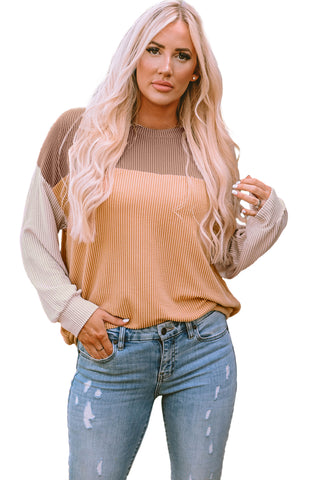 Khaki Color Block Long Sleeve Ribbed Loose Top, A Blissfully Beautiful Boutique - A Blissfully Beautiful Boutique