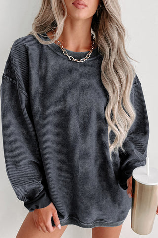 Gray Solid Ribbed Knit Round Neck Pullover Sweatshirt, A Blissfully Beautiful Boutique - A Blissfully Beautiful Boutique