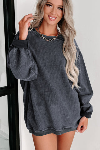 Gray Solid Ribbed Knit Round Neck Pullover Sweatshirt, A Blissfully Beautiful Boutique - A Blissfully Beautiful Boutique