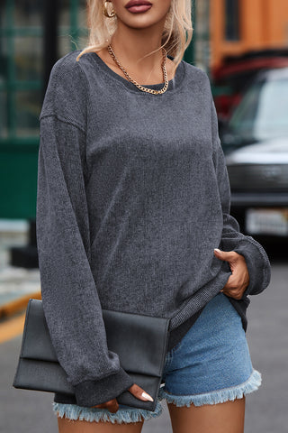 Gray Solid Ribbed Knit Round Neck Pullover Sweatshirt, A Blissfully Beautiful Boutique - A Blissfully Beautiful Boutique