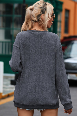 Gray Solid Ribbed Knit Round Neck Pullover Sweatshirt, A Blissfully Beautiful Boutique - A Blissfully Beautiful Boutique