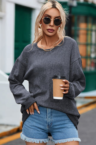 Gray Solid Ribbed Knit Round Neck Pullover Sweatshirt, A Blissfully Beautiful Boutique - A Blissfully Beautiful Boutique