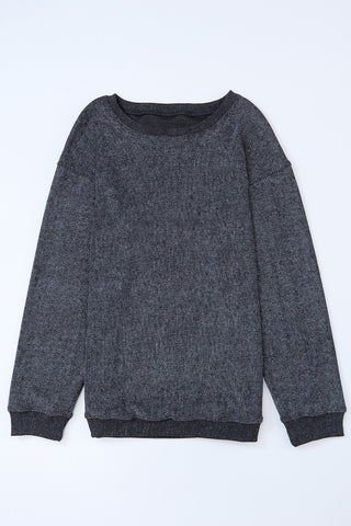 Gray Solid Ribbed Knit Round Neck Pullover Sweatshirt, A Blissfully Beautiful Boutique - A Blissfully Beautiful Boutique