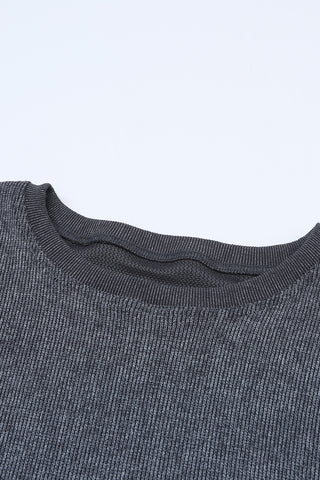 Gray Solid Ribbed Knit Round Neck Pullover Sweatshirt, A Blissfully Beautiful Boutique - A Blissfully Beautiful Boutique