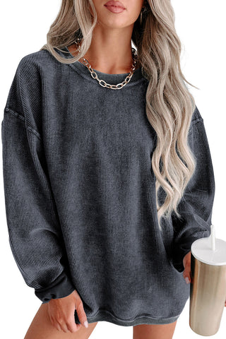 Gray Solid Ribbed Knit Round Neck Pullover Sweatshirt, A Blissfully Beautiful Boutique - A Blissfully Beautiful Boutique