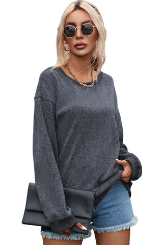 Gray Solid Ribbed Knit Round Neck Pullover Sweatshirt, A Blissfully Beautiful Boutique - A Blissfully Beautiful Boutique
