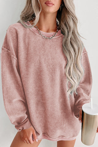 Pink Solid Ribbed Knit Round Neck Pullover Sweatshirt, A Blissfully Beautiful Boutique - A Blissfully Beautiful Boutique