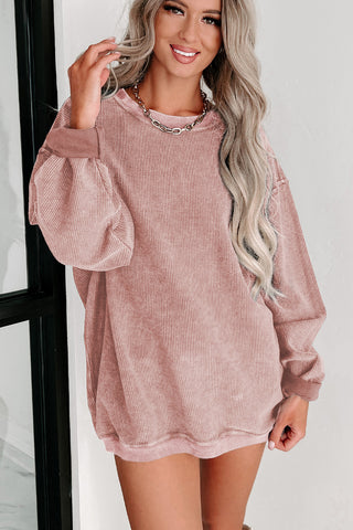 Pink Solid Ribbed Knit Round Neck Pullover Sweatshirt, A Blissfully Beautiful Boutique - A Blissfully Beautiful Boutique