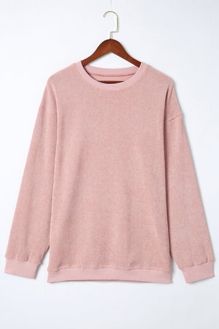 Pink Solid Ribbed Knit Round Neck Pullover Sweatshirt, A Blissfully Beautiful Boutique - A Blissfully Beautiful Boutique