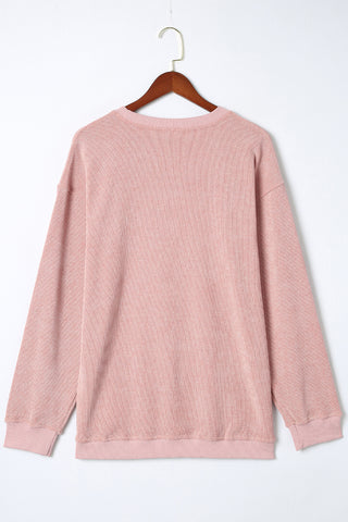 Pink Solid Ribbed Knit Round Neck Pullover Sweatshirt, A Blissfully Beautiful Boutique - A Blissfully Beautiful Boutique