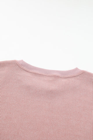 Pink Solid Ribbed Knit Round Neck Pullover Sweatshirt, A Blissfully Beautiful Boutique - A Blissfully Beautiful Boutique