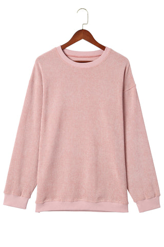 Pink Solid Ribbed Knit Round Neck Pullover Sweatshirt, A Blissfully Beautiful Boutique - A Blissfully Beautiful Boutique