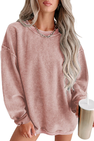 Pink Solid Ribbed Knit Round Neck Pullover Sweatshirt, A Blissfully Beautiful Boutique - A Blissfully Beautiful Boutique