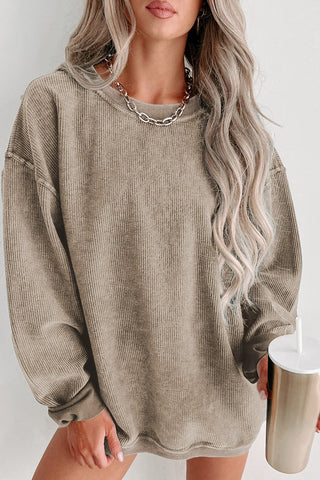 Khaki Solid Ribbed Knit Round Neck Pullover Sweatshirt, A Blissfully Beautiful Boutique - A Blissfully Beautiful Boutique