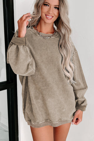 Khaki Solid Ribbed Knit Round Neck Pullover Sweatshirt, A Blissfully Beautiful Boutique - A Blissfully Beautiful Boutique