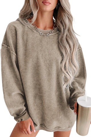 Khaki Solid Ribbed Knit Round Neck Pullover Sweatshirt, A Blissfully Beautiful Boutique - A Blissfully Beautiful Boutique