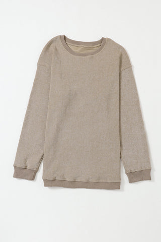 Khaki Solid Ribbed Knit Round Neck Pullover Sweatshirt, A Blissfully Beautiful Boutique - A Blissfully Beautiful Boutique
