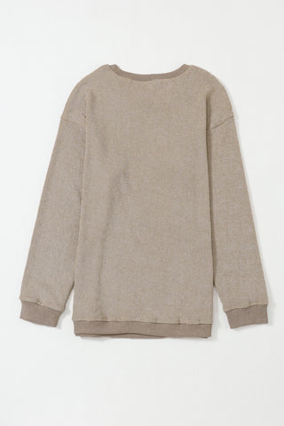 Khaki Solid Ribbed Knit Round Neck Pullover Sweatshirt, A Blissfully Beautiful Boutique - A Blissfully Beautiful Boutique