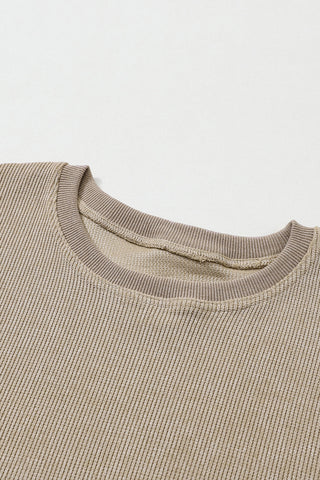 Khaki Solid Ribbed Knit Round Neck Pullover Sweatshirt, A Blissfully Beautiful Boutique - A Blissfully Beautiful Boutique