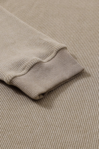Khaki Solid Ribbed Knit Round Neck Pullover Sweatshirt, A Blissfully Beautiful Boutique - A Blissfully Beautiful Boutique