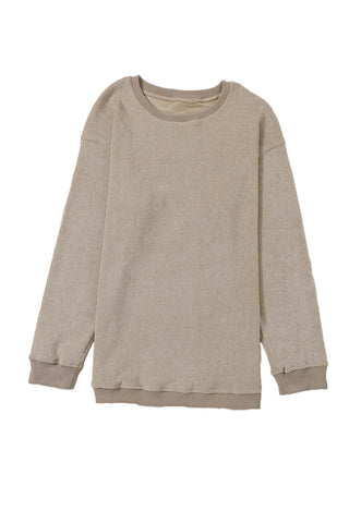 Khaki Solid Ribbed Knit Round Neck Pullover Sweatshirt, A Blissfully Beautiful Boutique - A Blissfully Beautiful Boutique