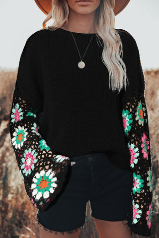 Black Floral Crochet Bell Sleeve Loose Sweater, A Blissfully Beautiful Boutique - A Blissfully Beautiful Boutique