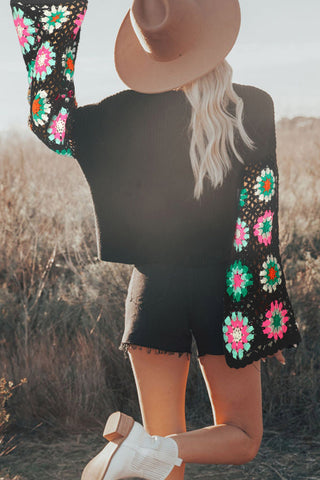 Black Floral Crochet Bell Sleeve Loose Sweater, A Blissfully Beautiful Boutique - A Blissfully Beautiful Boutique