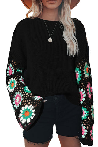 Black Floral Crochet Bell Sleeve Loose Sweater, A Blissfully Beautiful Boutique - A Blissfully Beautiful Boutique