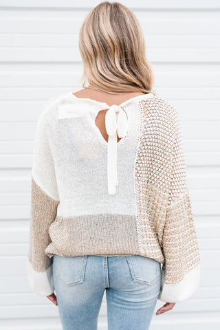 Oatmeal Mixed Pattern Knit Tie Keyhole Drop Shoulder Sweater, A Blissfully Beautiful Boutique - A Blissfully Beautiful Boutique