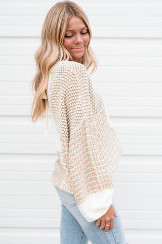 Oatmeal Mixed Pattern Knit Tie Keyhole Drop Shoulder Sweater, A Blissfully Beautiful Boutique - A Blissfully Beautiful Boutique