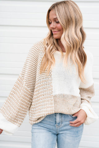 Oatmeal Mixed Pattern Knit Tie Keyhole Drop Shoulder Sweater, A Blissfully Beautiful Boutique - A Blissfully Beautiful Boutique