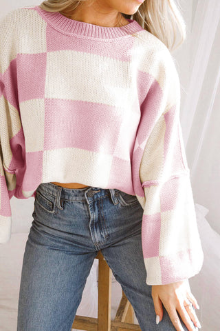Pink Checkered Bishop Sleeve Sweater, A Blissfully Beautiful Boutique - A Blissfully Beautiful Boutique