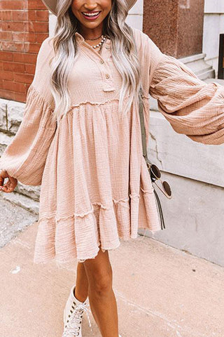 Oatmeal Crinkle Distressed Puff Sleeve Flared Dress, A Blissfully Beautiful Boutique - A Blissfully Beautiful Boutique