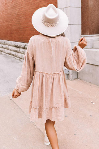 Oatmeal Crinkle Distressed Puff Sleeve Flared Dress, A Blissfully Beautiful Boutique - A Blissfully Beautiful Boutique