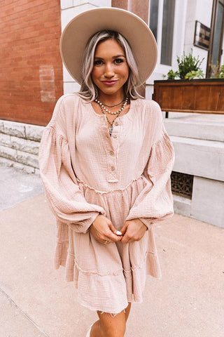 Oatmeal Crinkle Distressed Puff Sleeve Flared Dress, A Blissfully Beautiful Boutique - A Blissfully Beautiful Boutique