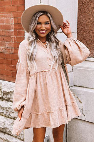 Oatmeal Crinkle Distressed Puff Sleeve Flared Dress, A Blissfully Beautiful Boutique - A Blissfully Beautiful Boutique