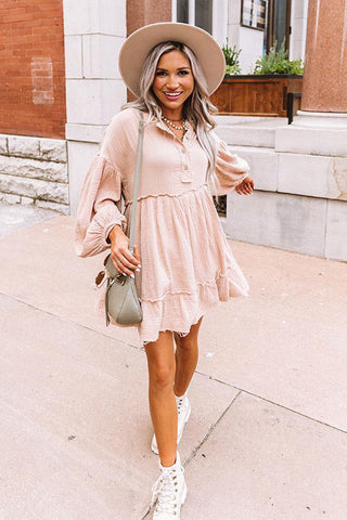 Oatmeal Crinkle Distressed Puff Sleeve Flared Dress, A Blissfully Beautiful Boutique - A Blissfully Beautiful Boutique