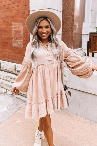 Oatmeal Crinkle Distressed Puff Sleeve Flared Dress, A Blissfully Beautiful Boutique - A Blissfully Beautiful Boutique