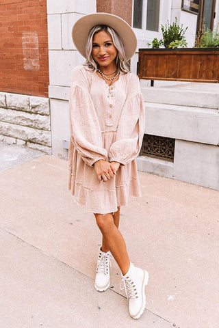 Oatmeal Crinkle Distressed Puff Sleeve Flared Dress, A Blissfully Beautiful Boutique - A Blissfully Beautiful Boutique