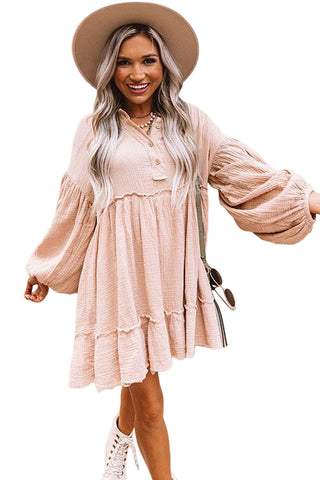 Oatmeal Crinkle Distressed Puff Sleeve Flared Dress, A Blissfully Beautiful Boutique - A Blissfully Beautiful Boutique